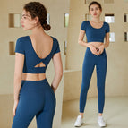 Yoga suits women with chest pads running fitness short-sleeved sports thin elastic tight-fitting spring and summer new suits 215+806
