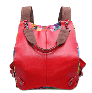 Canvas with cowhide backpack printed women's bag national color contrast schoolbag multifunctional Backpack