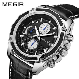 MEGIR 2015 Official Quartz Men Watches Fashion Genuine Leather Chronograph Watch Clock for Gentle Men Male Students
