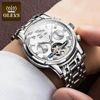 OLEVS Men's Skeleton Automatic Mechanical Watch Date Display Stainless Steel Business Wristwatch for Men Clock reloj hombre