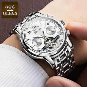 OLEVS Men's Skeleton Automatic Mechanical Watch Date Display Stainless Steel Business Wristwatch for Men Clock reloj hombre