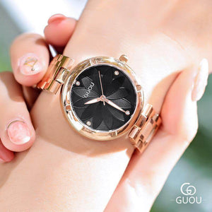 Luxury GUOU 6006 Rose Gold Women Watch Lady Fashion Crystal Bracelet Quartz Flower Dial Stainless Steel Watch