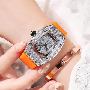 Women's watch barrel personality fashion trend hollow rotating watch female full diamond fashion silicone watch SA-015