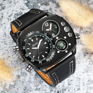 Oulm Dual Time Zone Fashion Men's Watch Quartz New Compass Leather Large Dial Men's Watch HP9865