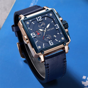 Megir Fashion Light Retro Men's Watch Square Multifunctional Chronograph Calendar Leather Watch 2061