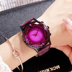GUOU 8107 Stylish Ladies Large Dial Diamond Watch Black Purple Leather Strap Wrist Watch Women's Watches