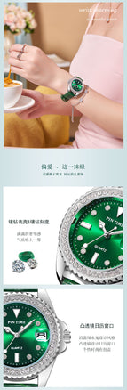 Belt Watch Fashion Trendy Green Niche Diamond Water Calendar Luminous Waterproof Watch for Women 8125