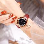 GUOU 6603 Sky Luxury Rose Mesh Steel Leather Quartz Analog Waterproof Watch Sky Stars Dial WristWatches Gifts for Women
