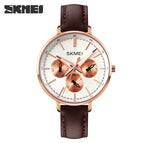 Skmei women's watch fashion six needle leather lady watch retro wind leather round women's watch quartz watch