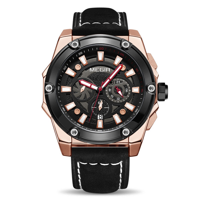 Megir Watch Men's Large Dial Multi-Function Timing Leather Sports Quartz men Watch 2122