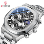 Chenxi Multi-Functional True Three Eyes Six-Pin Men's Watch Calendar Moon Phase Timing Octagonal Live Quartz men Watch CX-922