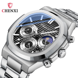 Chenxi Multi-Functional True Three Eyes Six-Pin Men's Watch Calendar Moon Phase Timing Octagonal Live Quartz men Watch CX-922