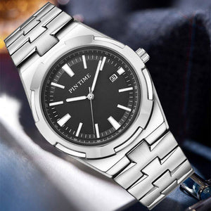 Pintime Men's Watch Stainless Steel Strap Fashion Casual Waterproof Quartz men calendar Watch 3008