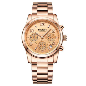 MEGIR ladies watch fashion trend multi-function chronograph calendar steel band watch quartz women watch 2057