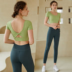 Yoga suits women with chest pads running fitness short-sleeved sports thin elastic tight-fitting spring and summer new suits 215+806