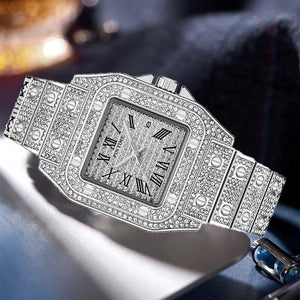 Pintime Full Diamond men's Watch Steel Band Large Dial waterproof calendar men Quartz Watch PT2627