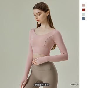 New Yoga Clothes with Chest Pad Quick-Drying Clothes Fitness Long-Sleeved T-shirt Sports Training Beauty Back Top for Women 237