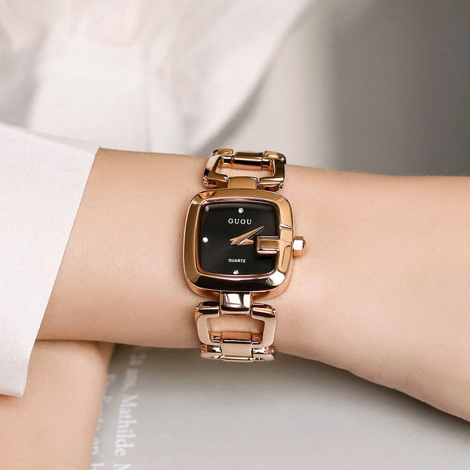 GUOU 8190 Small Dial 25MM Women Watch Quartz Movement Waterproof Gold Plated Steel Strap Simple Ladies Wristwatches