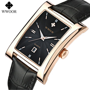 WWOOR Men's watch Square Dial Leather Strap waterproof Quartz 8017 watch