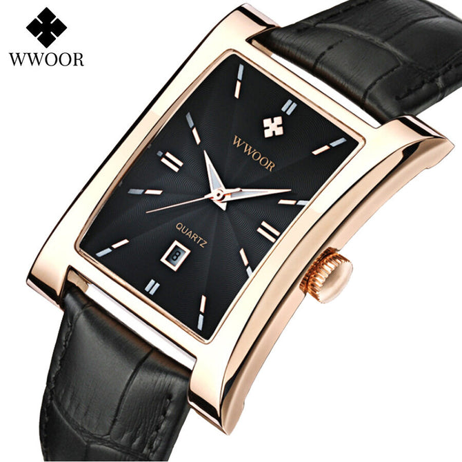 WWOOR Men's watch Square Dial Leather Strap waterproof Quartz 8017 watch