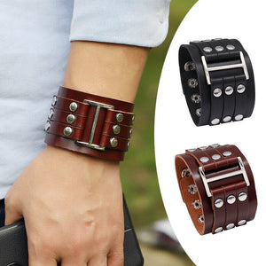 Men's Punk Wide Genuine Leather Big Buckle Rivet Cuff Wristband Bracelet Bangle Punk Style Men's Wide Leather Bracelet