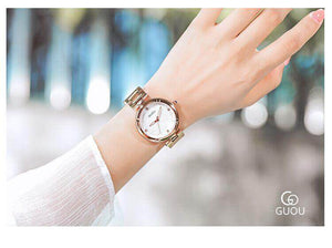 GUOU 6006 Women Watches New Fanshion Ladies Watch Emboss Flower Watch Stainless Steel Auto Date Watch Clock