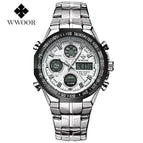 WWOOR 8019  Steel Digital Men's Quartz LED Dual Display Military GOLD Clock Men's  Alarm Waterproof Sports Watches