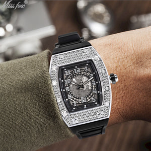 MISSFOX watches Richard personality full diamond barrel silicone with waterproof quartz men's watches