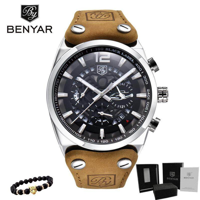 BENYAR 5112 Sport Chronograph Men's Watches Fashion Military Waterproof Leather Luxury Brand Quartz Male Wristwatch