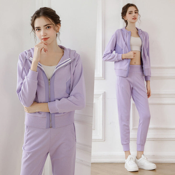 Autumn and Winter Sports Jacket pants set Women's Slim Fit Hooded Windproof Yoga Fitness Casual Running Bodysuit set 236
