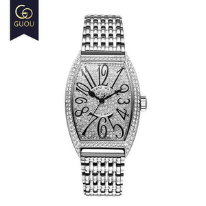 Guou 8200 Fashion Top Brand Luxury Man Watch Rose Gold Quartz Full Rhinestone Barrel Casual Genuine leather & Steel Watches
