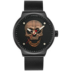 WWOOR Fashion Skull Men's Mesh Quartz Watch Black Solid Steel Creative Casual Watch 8867