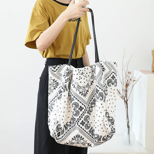 Korean version forest art print canvas bag net red stitching pattern handbag casual retro large capacity shoulder bag SR1089