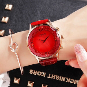 GUOU 8107 Stylish Ladies Large Dial Diamond Watch Black Purple Leather Strap Wrist Watch Women's Watches