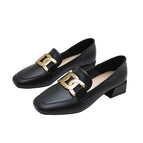 British style loafers female 2022 spring new square toe leather shoes large size metal buckle thick heel single shoes female 189-7