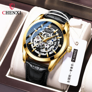 CHENXI new automatic mechanical watch men's leather strap hollow mechanical watch luminous waterproof watch CX-8821