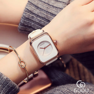 GUOU 8162 Top Brand Simple Fashion Watch Rectangle Dial Genuine Leather Quartz Watch Women Watches