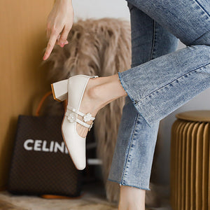 2022 new soft Mary Jane shoes pumps women's thick heel Korean soft leather shoes women's 616-9