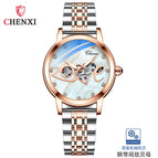 Chenxi new fashion luminous waterproof watch women's solid steel belt hollow automatic mechanical watch