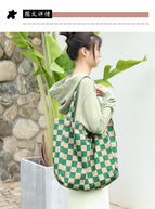 Korean leisure literature canvas bag ins simple printing contrast handbag net red fashion lattice shoulder bag female sr2132