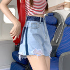 JEANS design sense jeans women's 2022 new contrast color a-line loose high-waisted slim shorts 383
