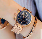 Fashion GUOU 8080 Real 3 Eyes Waterproof Leather Rose Gold Steel  Calendar Wristwatches Watch for Women