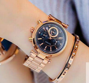 Fashion GUOU 8080 Real 3 Eyes Waterproof Leather Rose Gold Steel  Calendar Wristwatches Watch for Women
