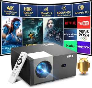 Android 11 & Elektrischer Fokus Smart Beamer Full HD XGODY Sail2 600ANSI Nativ 1080P Bluetooth WLAN Projektor 4K Unterstützung Video Heimkino Beamer Automatik Vertikale Korrektur Chromecast 7000 APP.