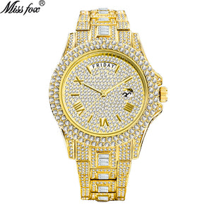 Missfox V320A watch fashion double calendar business full diamond quartz men's casual watch