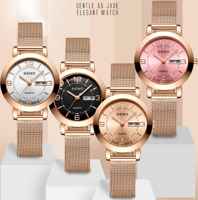 Fashion Mesh Belt Women's Watch Luminous Waterproof Double Calendar Female Student Steel Band Watch calendar week display
