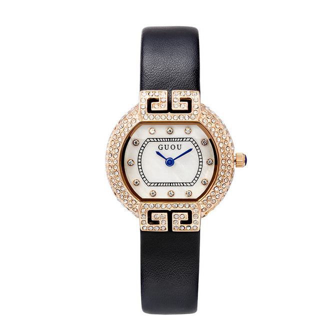 GUOU 6038 Women's Watch New Style Diamond Inlaid Fashion Belt Wrist Watch Waterproof Quartz Women's Watches