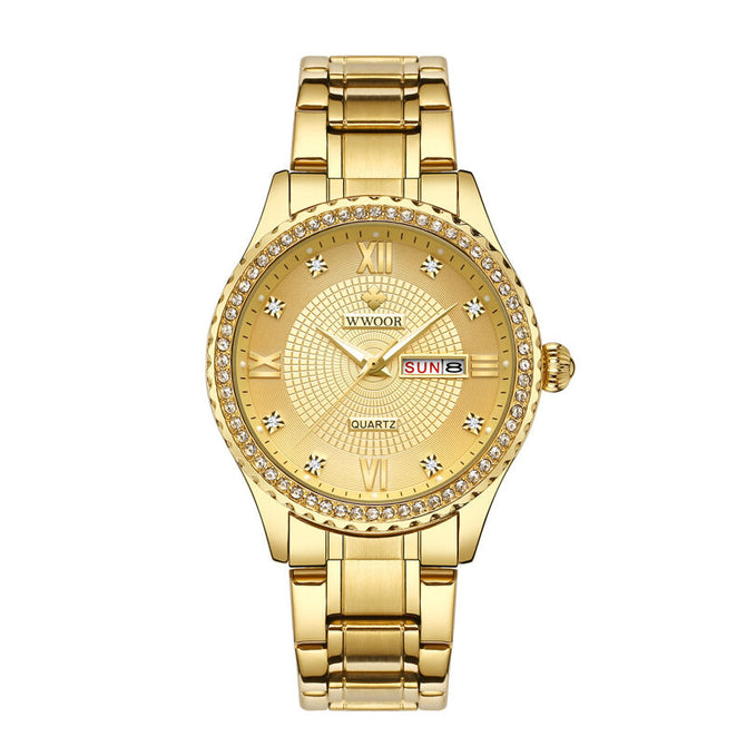 WWOOR 8856 Couple Watch Waterproof Luminous Watch Butterfly Snap Button Steel Strap Watch Strap Men's Diamond Gold Watch