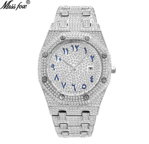 MISSFOX watch hip-hop high-end full diamond waterproof calendar men's watch V301 quartz watch