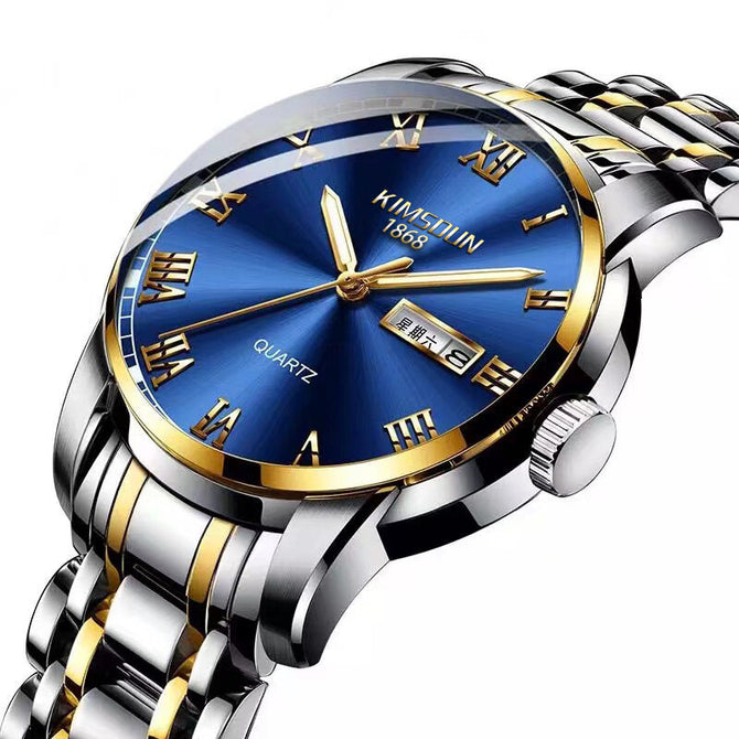 KIMSDUN 1892B Steel Band Watch Men's Waterproof Double Calendar Men's Watch Fashion Quartz Luminous Watch